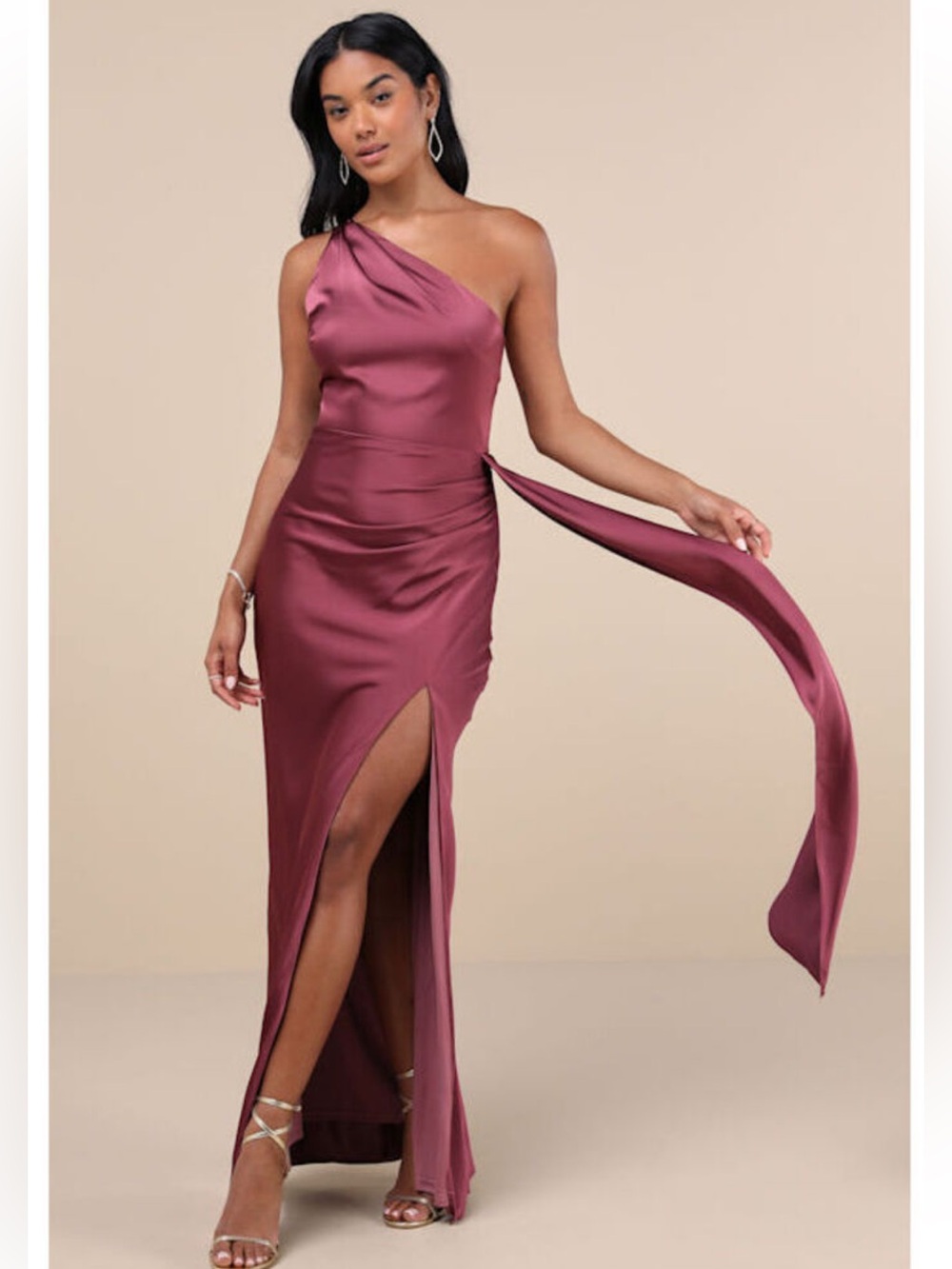 Lulu's One-Shoulder Satin Gown in Rose Mauve